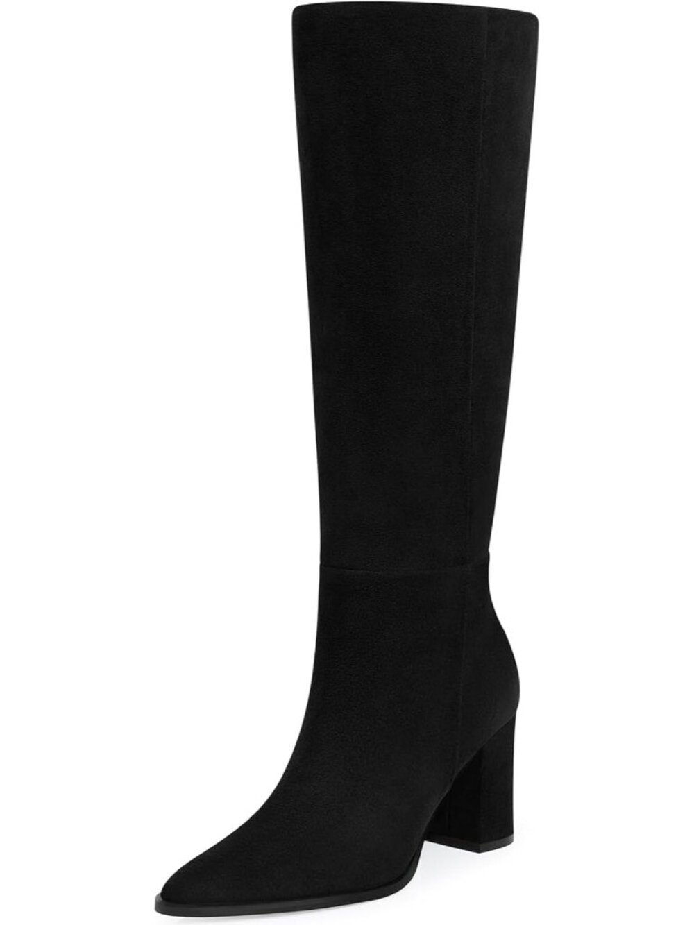 Women's Black Suede Pointed Toe Chunky Heel Comfortable Wide Calf Knee High Boot